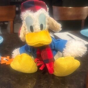 Disney Parks Donald Duck Winter Holiday Plush Bl Sweater Buffalo Plaid Hat Scarf